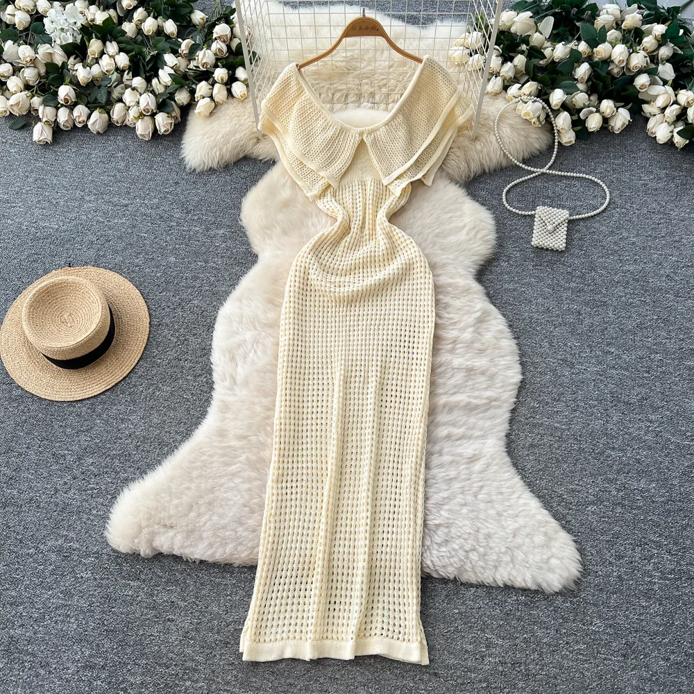 Frauen Ausschnitt Strickkleider Knöchellanges Schlitzkleid Peter Pan Kragen Ärmellose Taille Y2k Streetwear Party Elegant 2025, Herbst