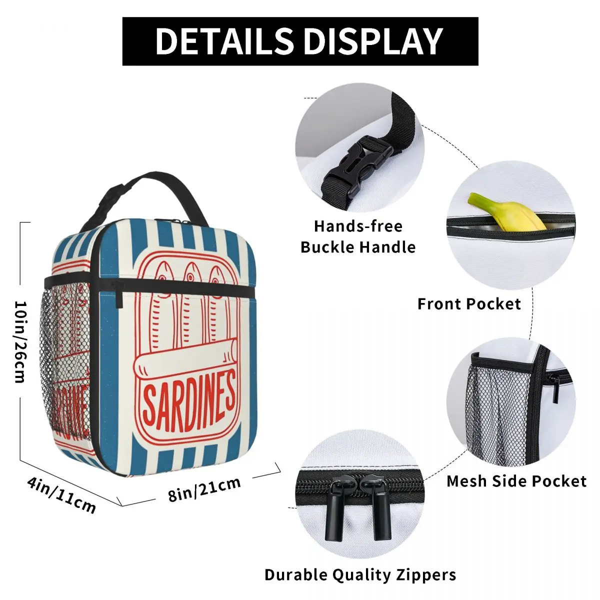 Les Sardines Coastal Fisherman Aesthetic Insulated Lunch Bags Cooler Bag Lunch Container Tote Lunch Box Food Handbags Picnic