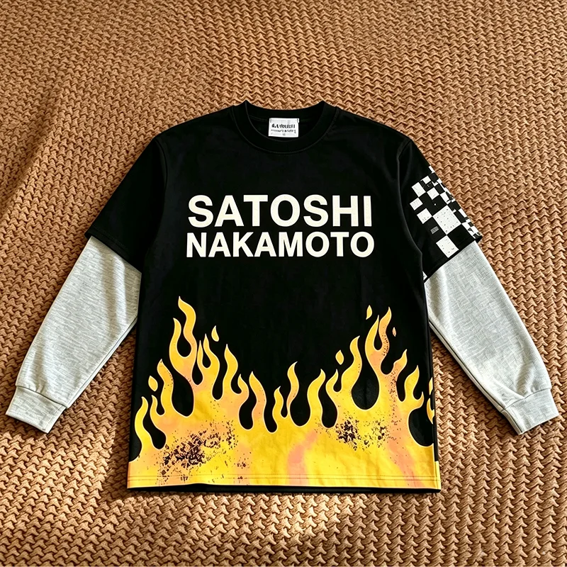 Satoshi Nakamoto Long Sleeve T-shirt Fake Two Piece Sleeves Flame Checkerboard Print Y2K Streetwear Men Women Loose Tshirt