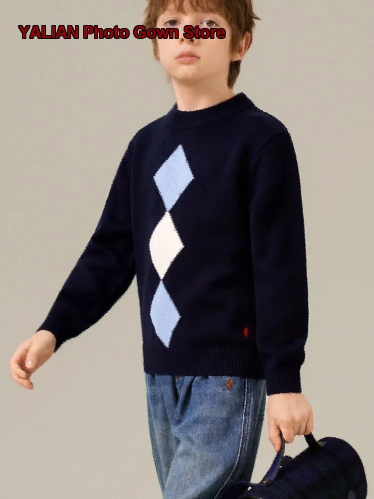 Boys Knit Polo Collar Sweater 2025 Autumn Winter Ribbed Cable Knit Contrasting Colors Diamond Pattern High Neck