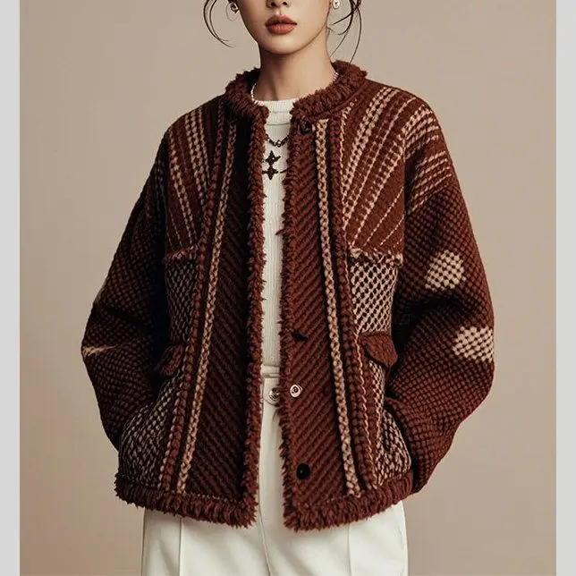 

Ethnic Style Knitted Sweater Jacket Spring and Autumn Contrasting Colors Burr Neck Cardigan Women's Top