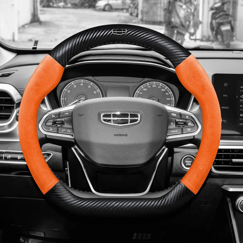 Suede Carbon Fiber Car Steering Wheel Cover, Anti-Slip, Genuine Leather, for GEELY coolray emgrand monjaro tugella Okavango