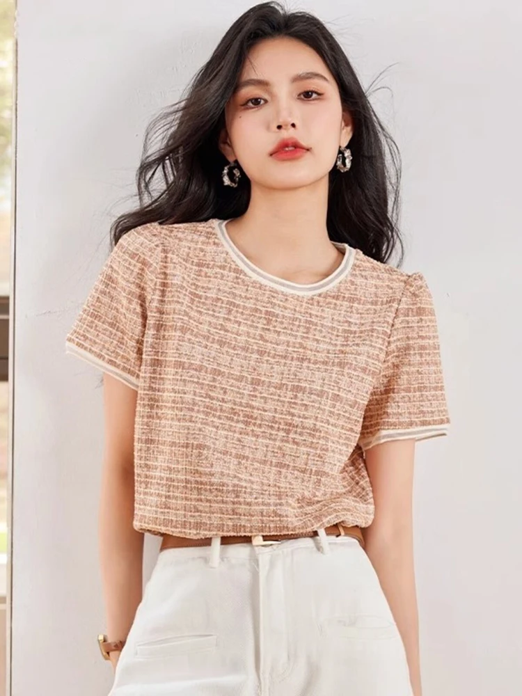 Korean Version Summer New Short sleeved T-shirt Women's Checkered Unique Design Round Neck Commute Versatile Elegant Top