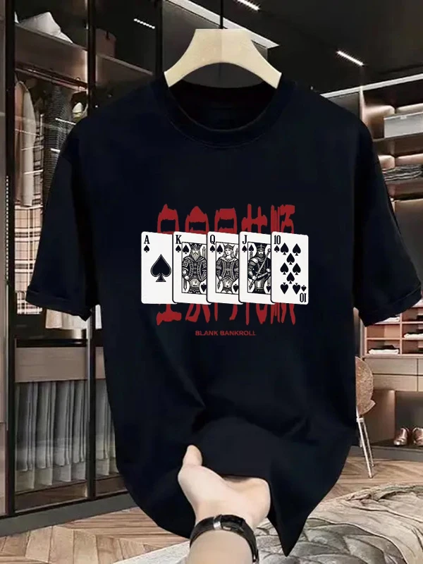 純綿半袖tシャツ-メンズ-夏-カジュアル-クリエイティブ-ポーカー柄-通気性-ルーズフィット-ラウンドネックトップス-ティーン向け
