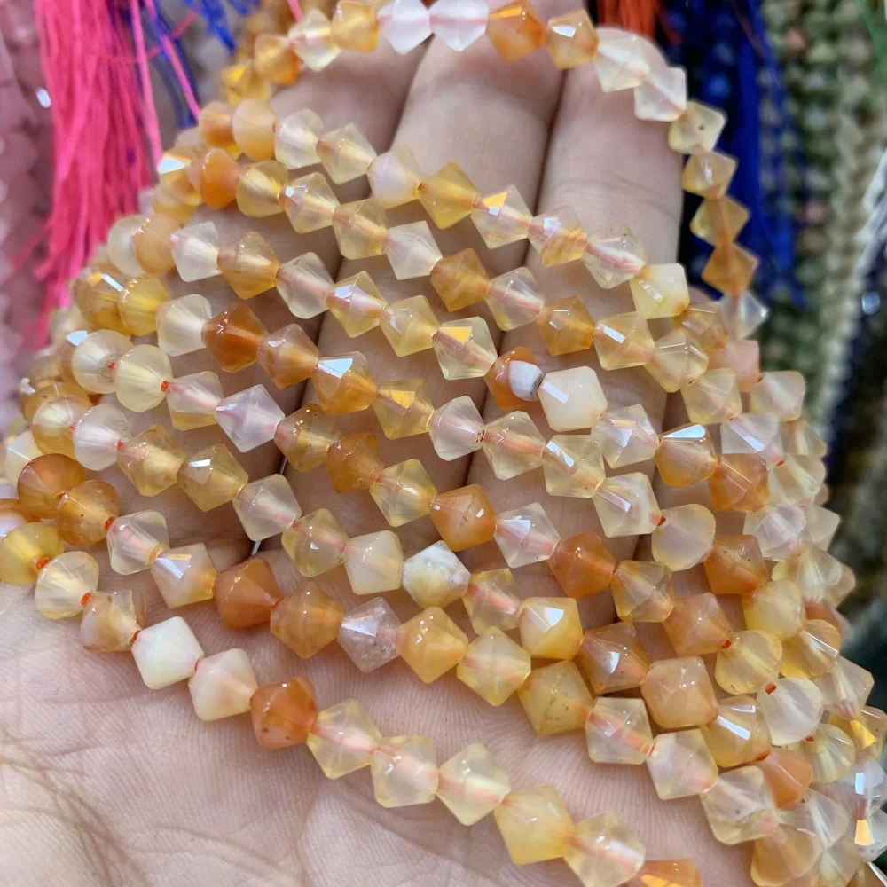 Natural Rose Quartz red agate Stone Round Crystal Pyramid Beads Faceted Loose Spacer For Jewelry Making DIY Necklace Bracelet