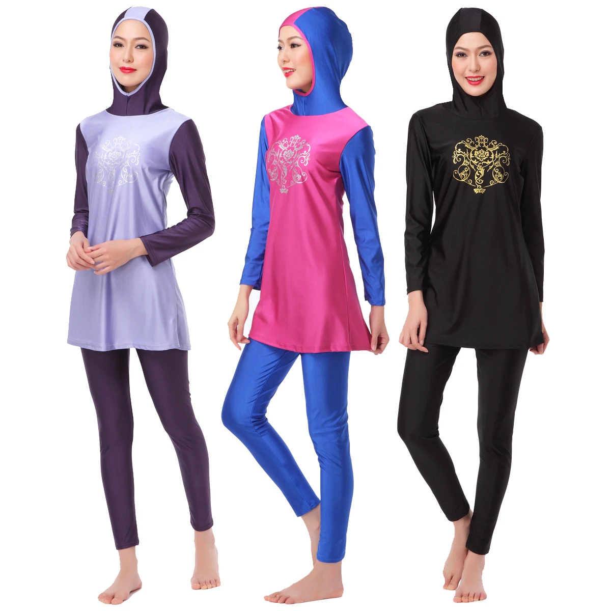 S-3XL Slim Islamic Muslim Swimwear Burkini for Women Full Cover Modest 2-Piece Hooded Swimsuit Print Patchwork Quick Dry