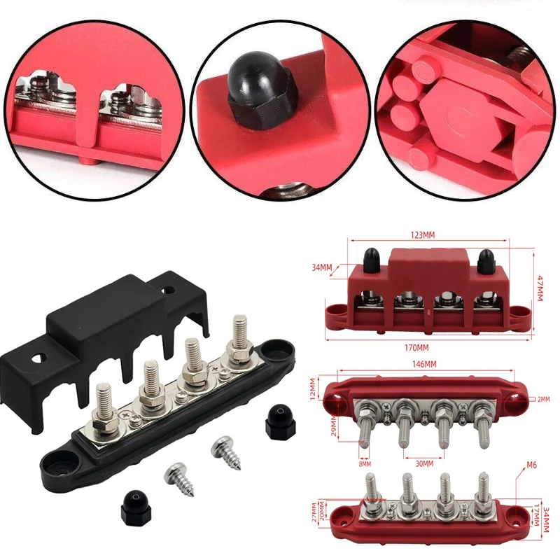 1 Set Positive Negative M8 M10 Bus Bar Terminal Battery Power Distribution Block With Cover 12V 24V 48V 250A For Boat RV Truck