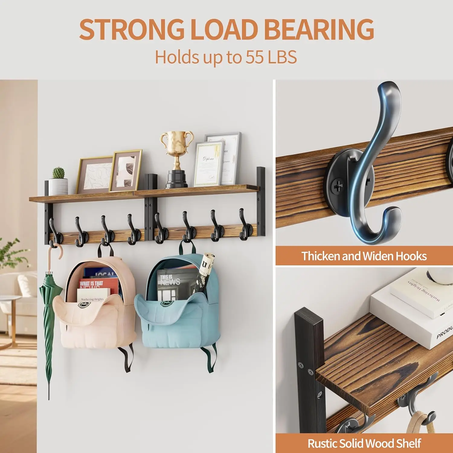 

33 inch Coat Rack Wall Mount with Shelf, Set of 2 Entryway Wall Shelf with Hooks, Heavy Duty Coat Hanger Wall Mount for