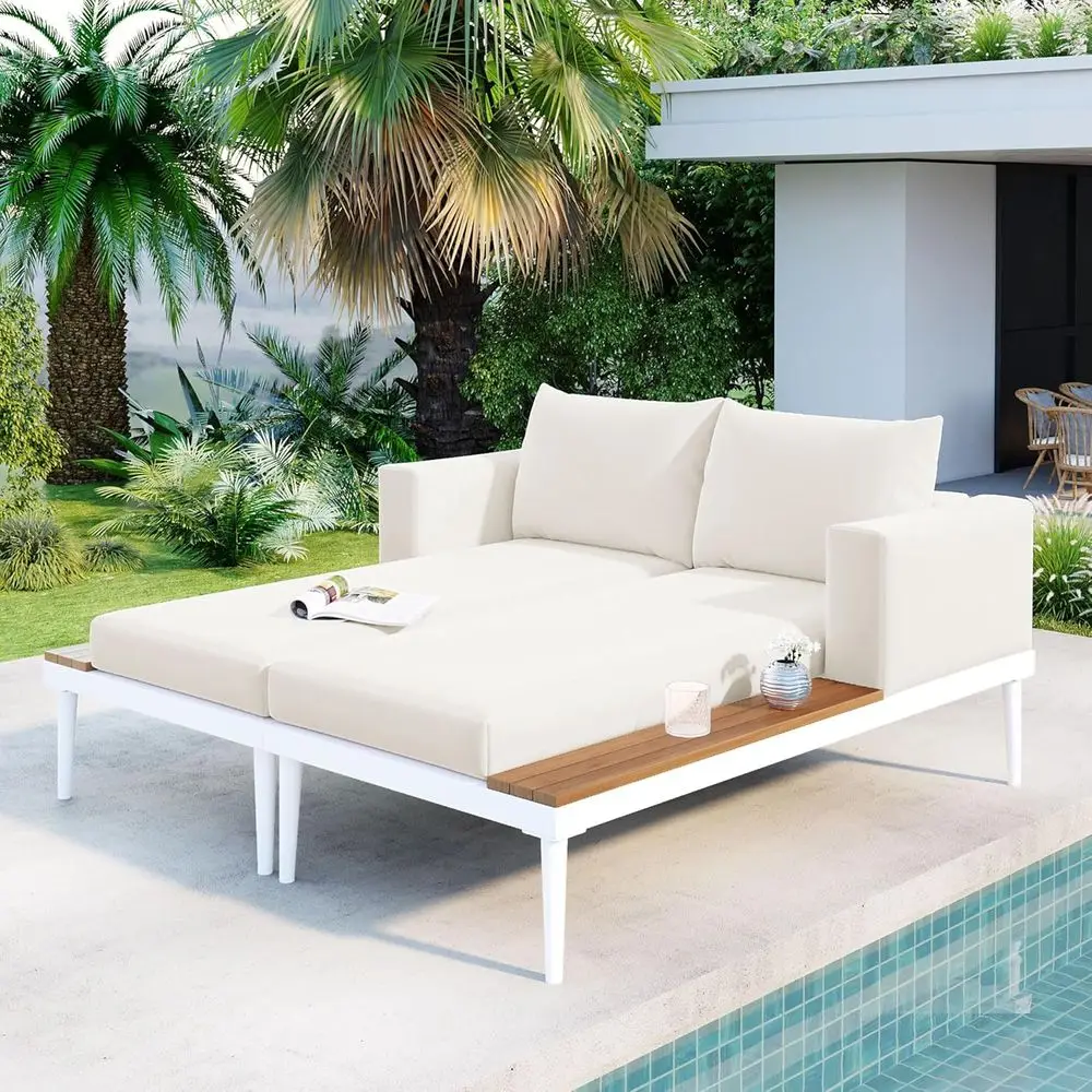 

Outdoor Beige Patio Loveseat Set with Cushions, Side Tables, Metal Frame, Suitable for Daybed, Poolside, Garden, Porch