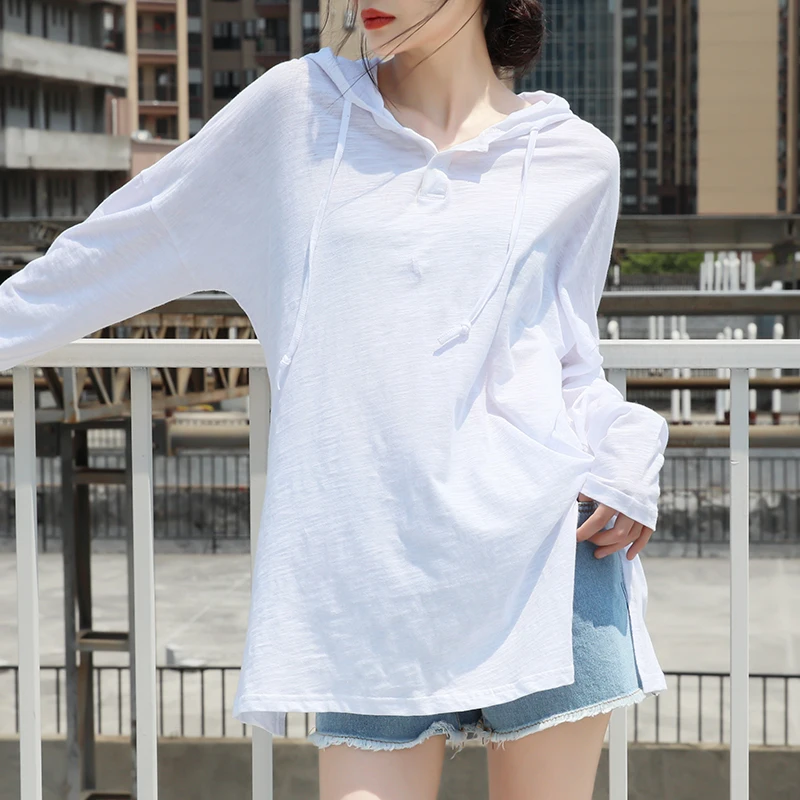 Hooded Cotton 100% White Women T-Shirts Summer Vintage Loose Long-Sleeved Casual All Match Female Pulls Tops Tees