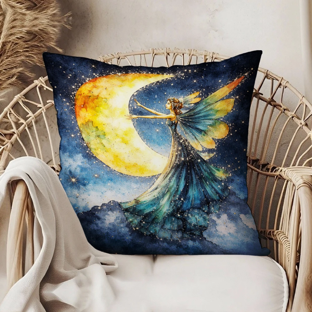 Fairy Moon Pillow Cover Blue Watercolor Fairy With Crescent Moon And Stars Print For Home Decor Bedroom Living Room Sofa Accent