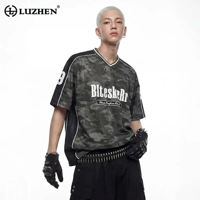 LUZHEN 2026 New Camouflage Printed Letter V-neck Short Sleeve T-shirts Men's Trendy Handsome Casual Original Women's Tops JY7445