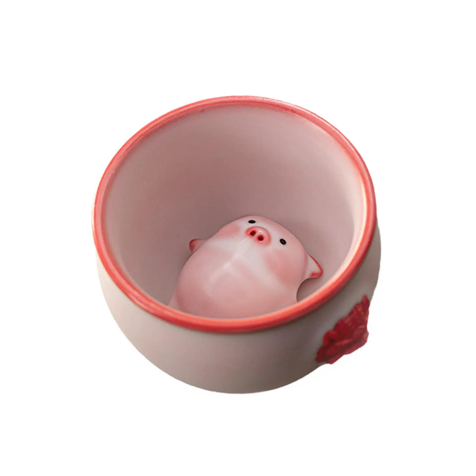 Ceramic Tea Cup with Tea Pet Traditional Tea Table Ornament Collectible Piggy Statue for Teahouse Restaurant Living Room Decor
