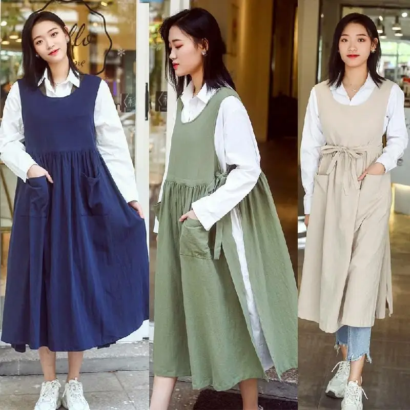 

Простые искусственные открытые по бокам фартуки из хлопка и льна для садоводства, кофейни, цветочной кухни, для приготовления пищи, выпечки, ресторана