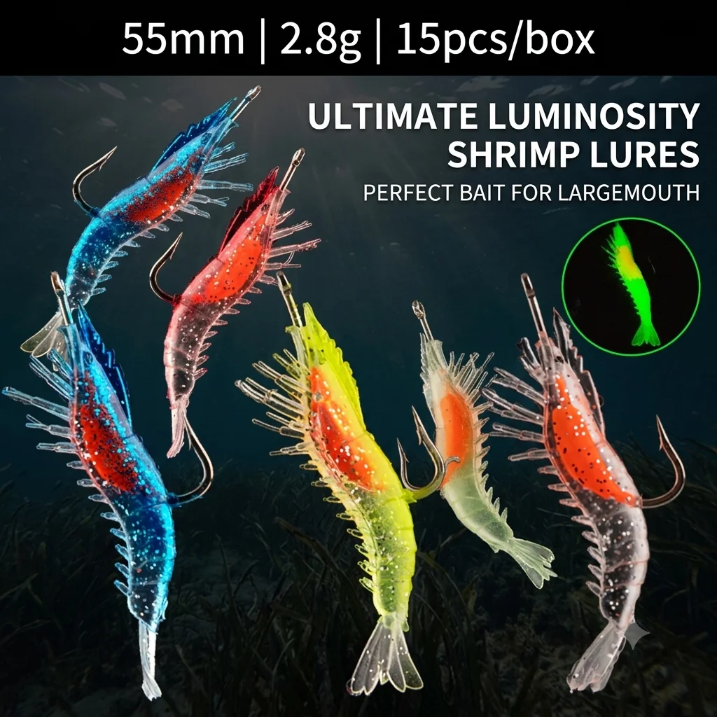 FISHINGFANS 15pcs/box 55mm 3g Shrimp Lures Built-in Hook Fishing Bait Luminous Winter Bionic Fishing Lure