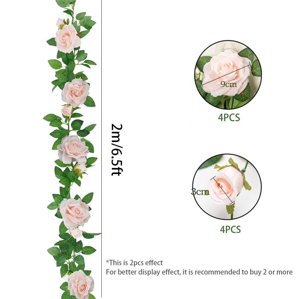 결혼식 파티용 인공 꽃, 장미 화환, 녹색 잎, 실크 꽃 덩굴, 아치 장식, 가정 정원 장식, 2m, 6.5ft