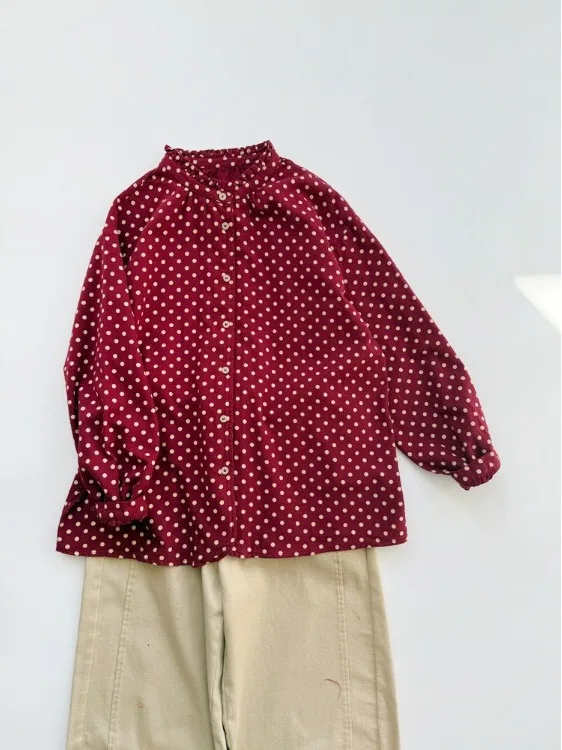 

Spring 2026 Artistic Polka Dot irt Large Size Women's Casual Loose Long Sve Button up Cotton Blend Spring Top
