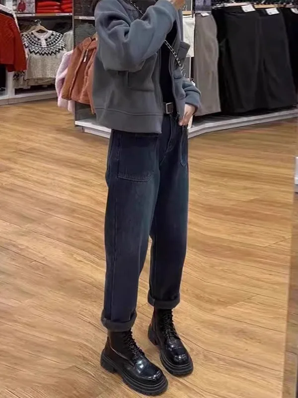 

High Waist Straight Leg Jeans Women's Spring Autumn Slimming Fleece Harlan Pants Pear Shape Body Large Size Casual Wear