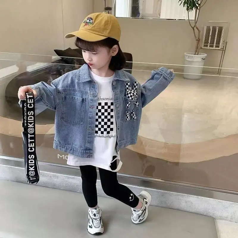 

Kids Girls Outerwear 2023 Spring and Autumn New Childrens Fashionable Top For Small And Medium Girls Network Red Denim Trend