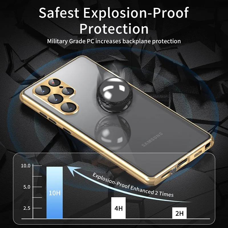Privacy Glass Case For Samsung S23 S24 Ultra S23 S24 Plus PC Back Panel Double-Sided Magnetic Metal Frame Lens Protective Case