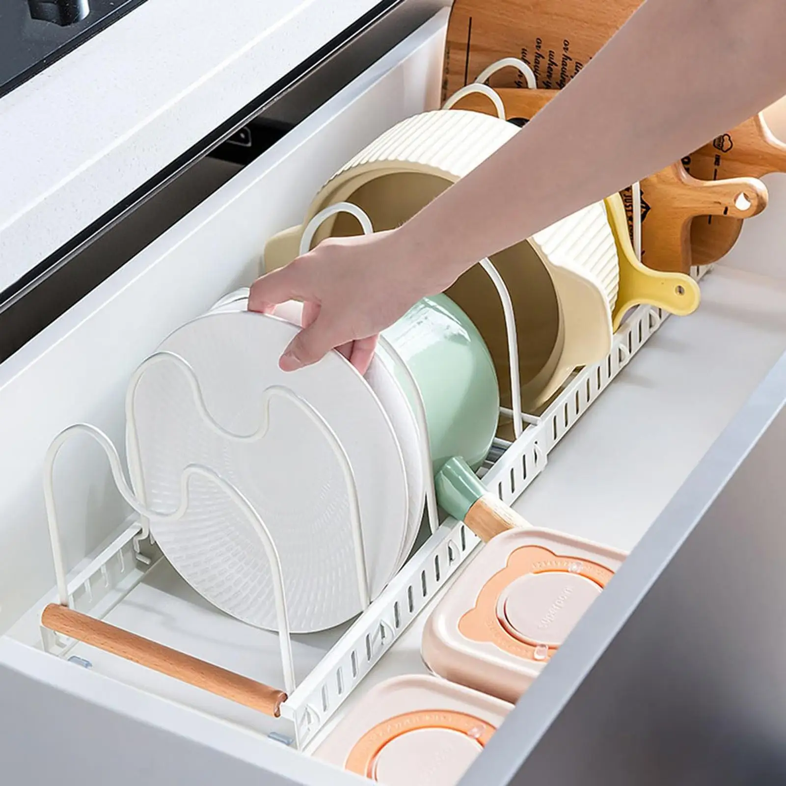 Pan Organizer cookware rack Extendable Adjustable shelves Kitchen Cabinet dish holder for Kitchen Pantry home camping