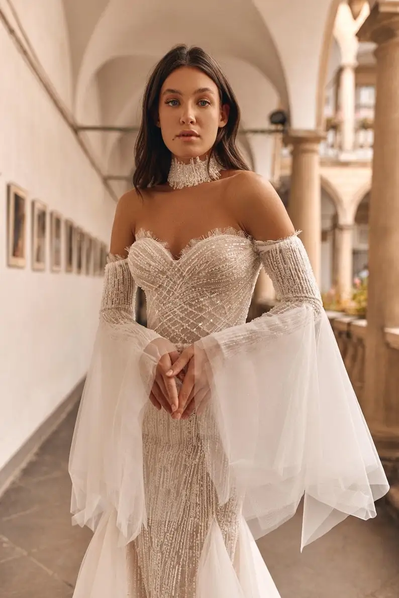 Vestidos de novia elegantes sirena sin tirantes fuera del hombro rebordear lentejuelas manga larga hasta el suelo bata de novia personalizada