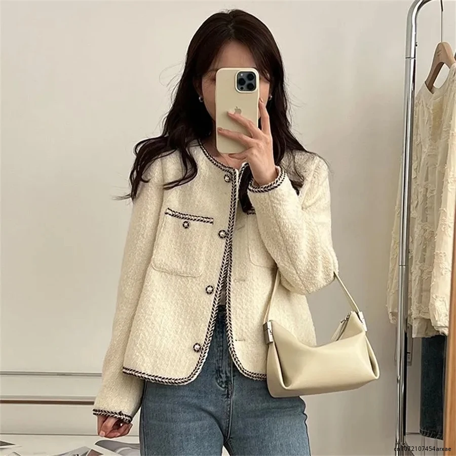 White Luxury Vintage Crop Tweed Jacket Women Sping Elegant Korean Fashion Coats Single Breasted Outwear Solid Long Sleeve Abrigo