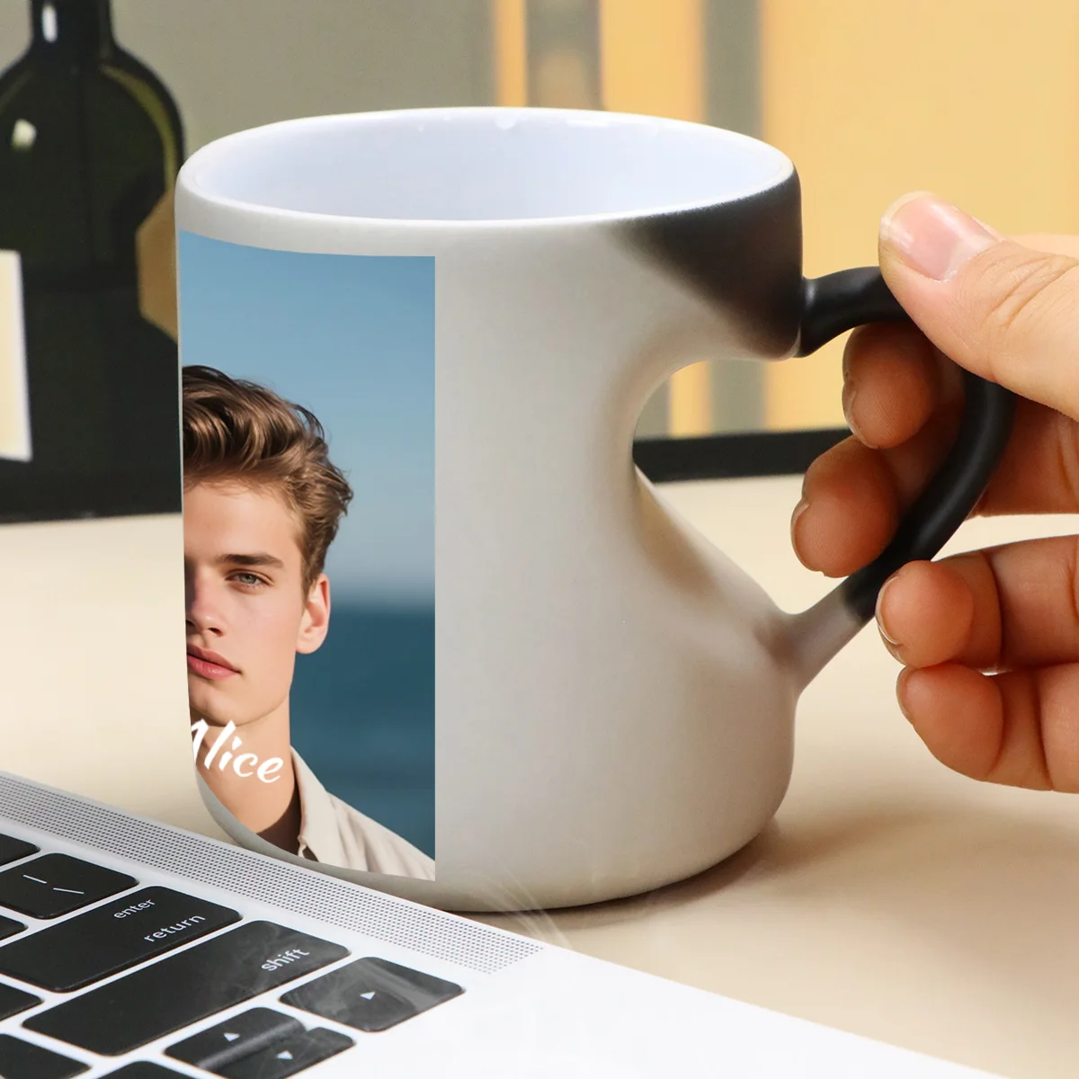 Custom Color Changing Coffee Mug With Photo And Text, Personalized Heat Reveal Cup With Heart Handle For Home, Anniversary Gift