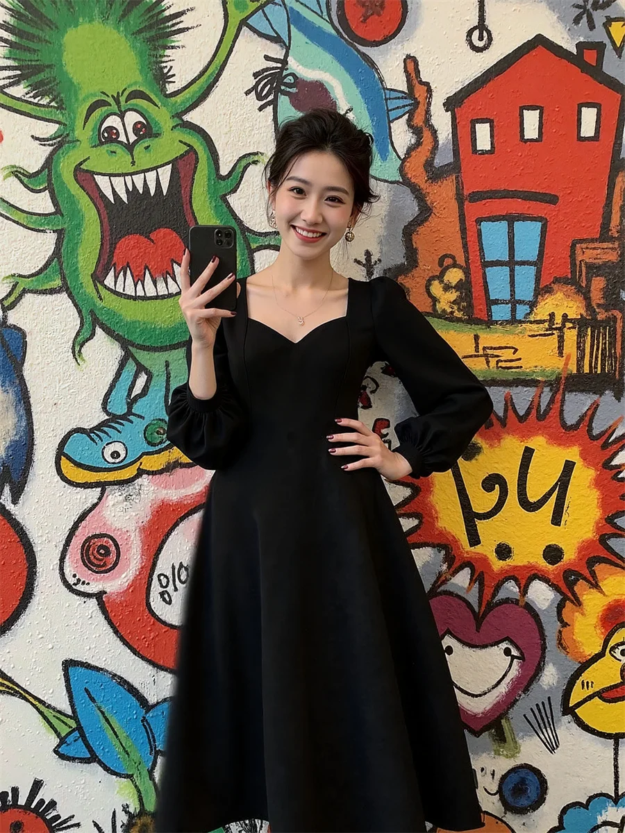 Women'S Autumn Dress Korean Style Long Sleeve Square Collar Side-Slit High-Slit Splited Splitting Cut-Out Cutout Hollow-Out