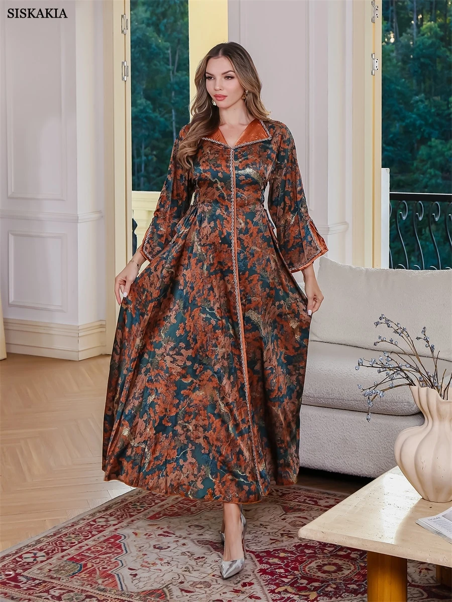 

Siskakia New Muslim Floral Print Dress Dubai Elegant Split Abaya Fashion Turn-down Collar Kaftans 2025
