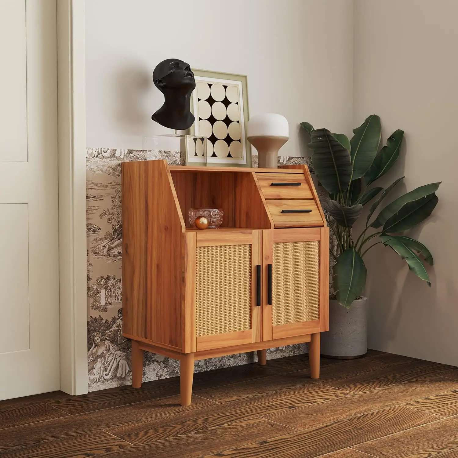 Farmhouse Sideboard Buffet Cabinet with Drawers Rattan Doors Versatile Storage Cabinet for Hallway Entryway Dining Room