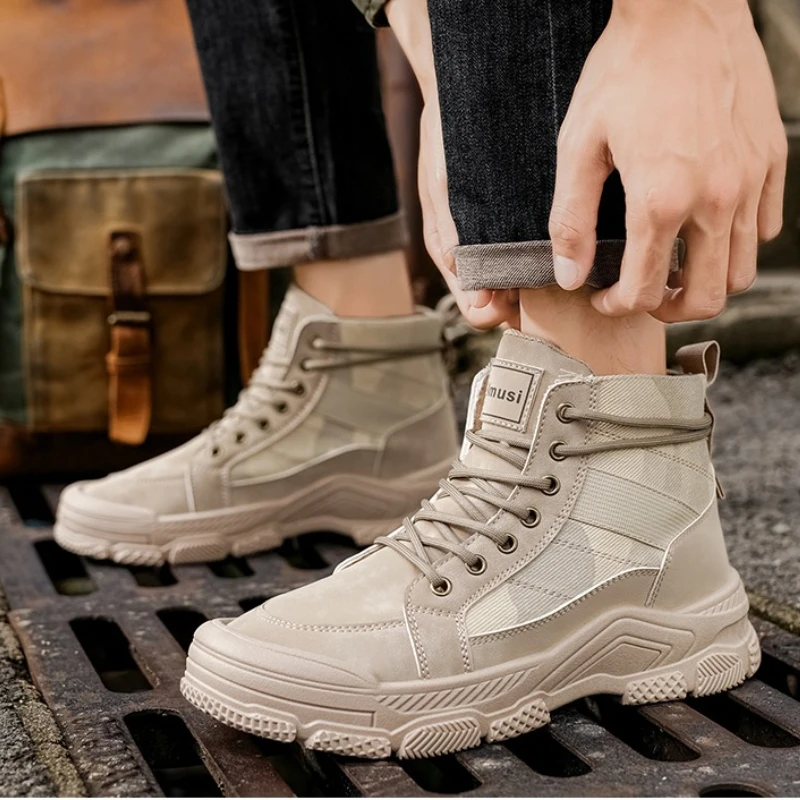 

Мужские высокие ботинки однотонные, на плоской подошве, больших размеров, высококачественные, на шнуровке, дышащие, износостойкие, нескользящие, модные, для активного отдыха