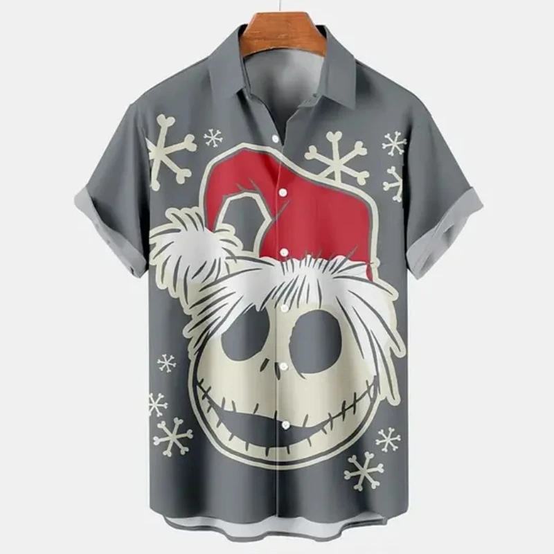 Christmas Men's Shirt Skull Gothic Graphic Short Sleeve Printed Tee Fashion Loose Lapel Button Shirts Outdoor Streetwear Men Top