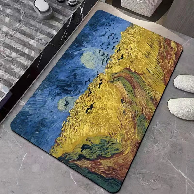 Starry Night & Wheat Field Impressionist Art Blue Yellow Carpet Soft Non-slip Mat Rug for Living Room Bedroom Home Decoration