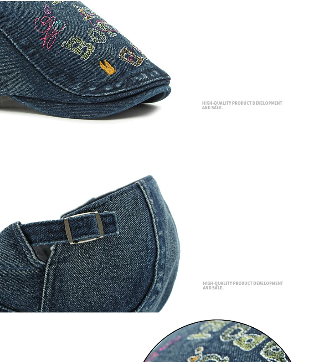 HT4739 Hochwertige Bestickte Buchstaben-Denim-Baskenmütze für Herren und Damen, Retro Künstler-Malermütze, Herren- und Damen-Ivy-Flatcap, Baskenmützen – Detail 4
