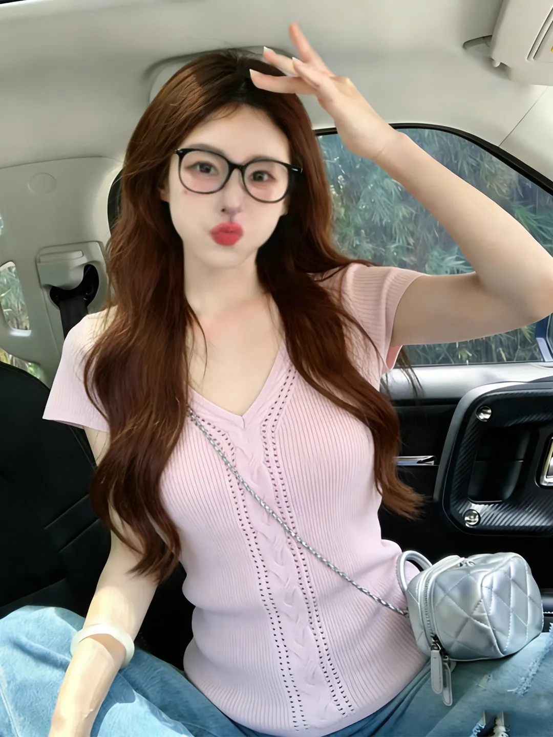 Korean Style Pink V-Neck Hollow Short Sleeve T-Shirt Atmosphere Sensation Street Fashion Unique Beautiful Top for Summer