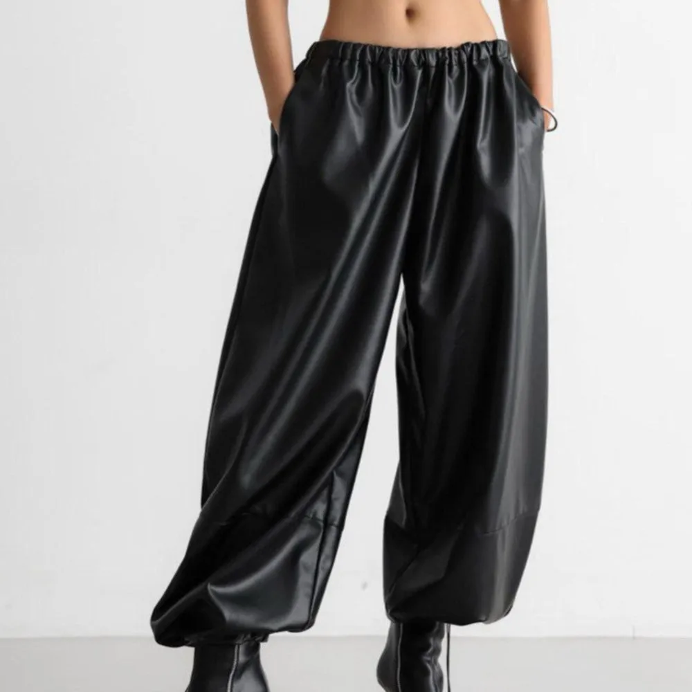 Women's Clothing Drawstring Bloomers Loose Leather Pants Solid Color Leace-up All-match Simple Style Casual Elegant Temperament