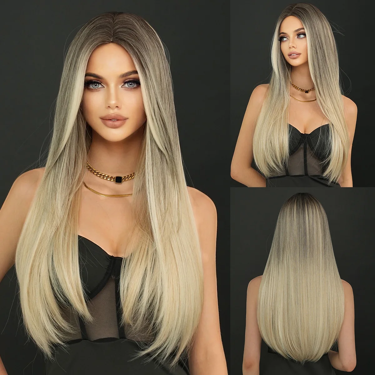 

Women's European, American long straight medium gray gold color selection inner buckle layer wig chemical fiber mechanism full h