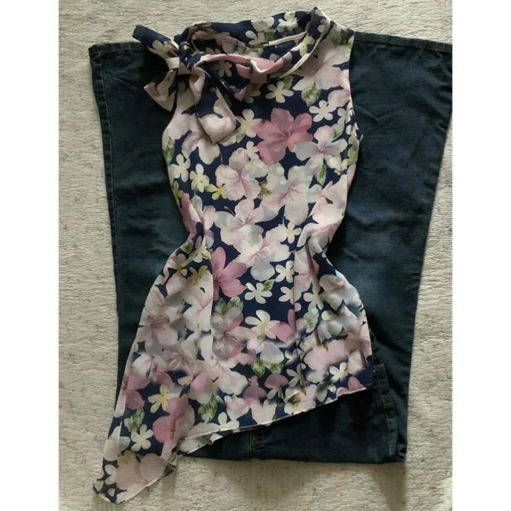 Summer Elegant Floral Print Sleeveless Blouse Women Bow Tie Neck Irregular Hem Chiffon Top Vintage Navy Flower Shirt Ropa Mujer