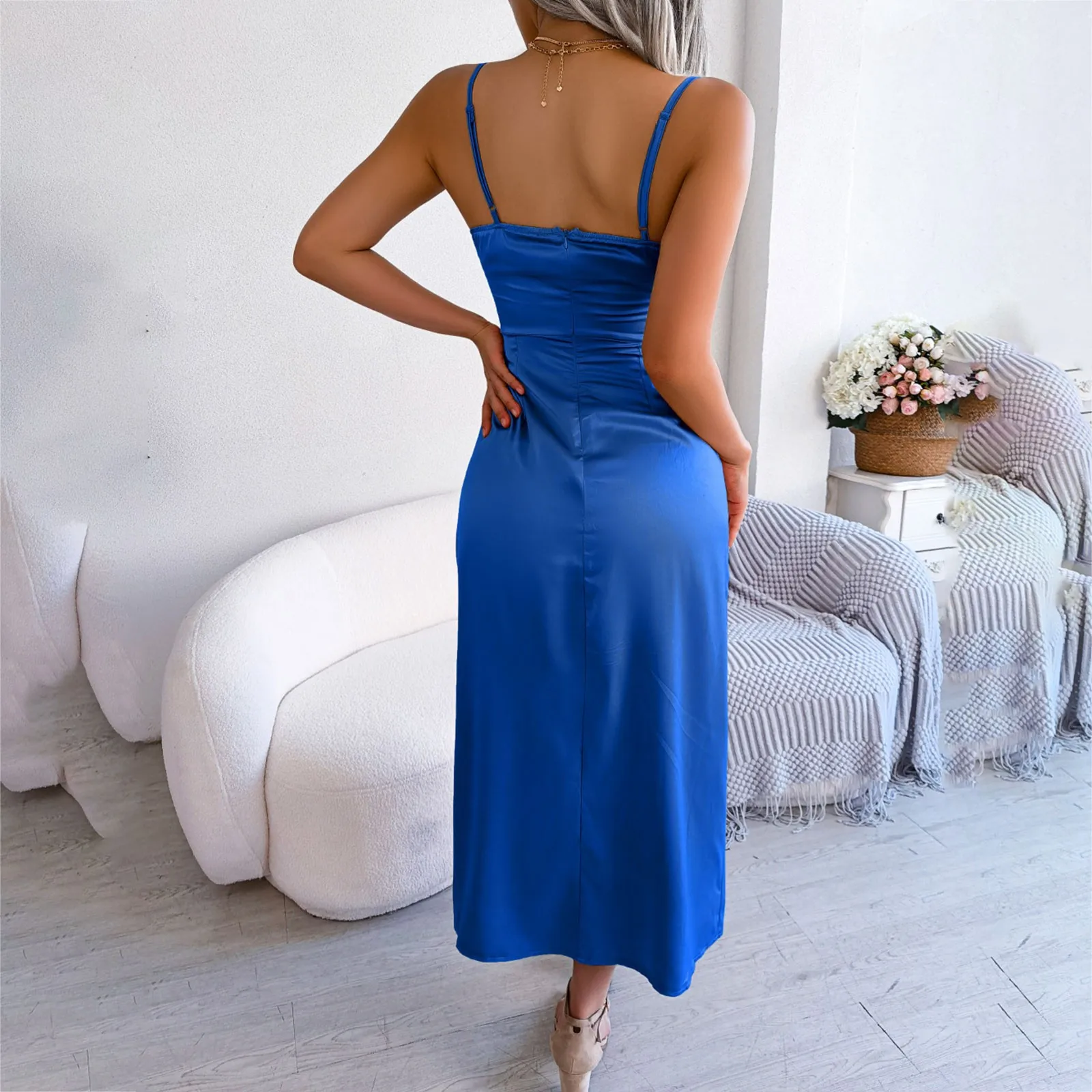 2025 New Sexy Solid Sling Midi Dress For Women Elegant leeveless Backless Split Hem Evening Party A-line Dresses