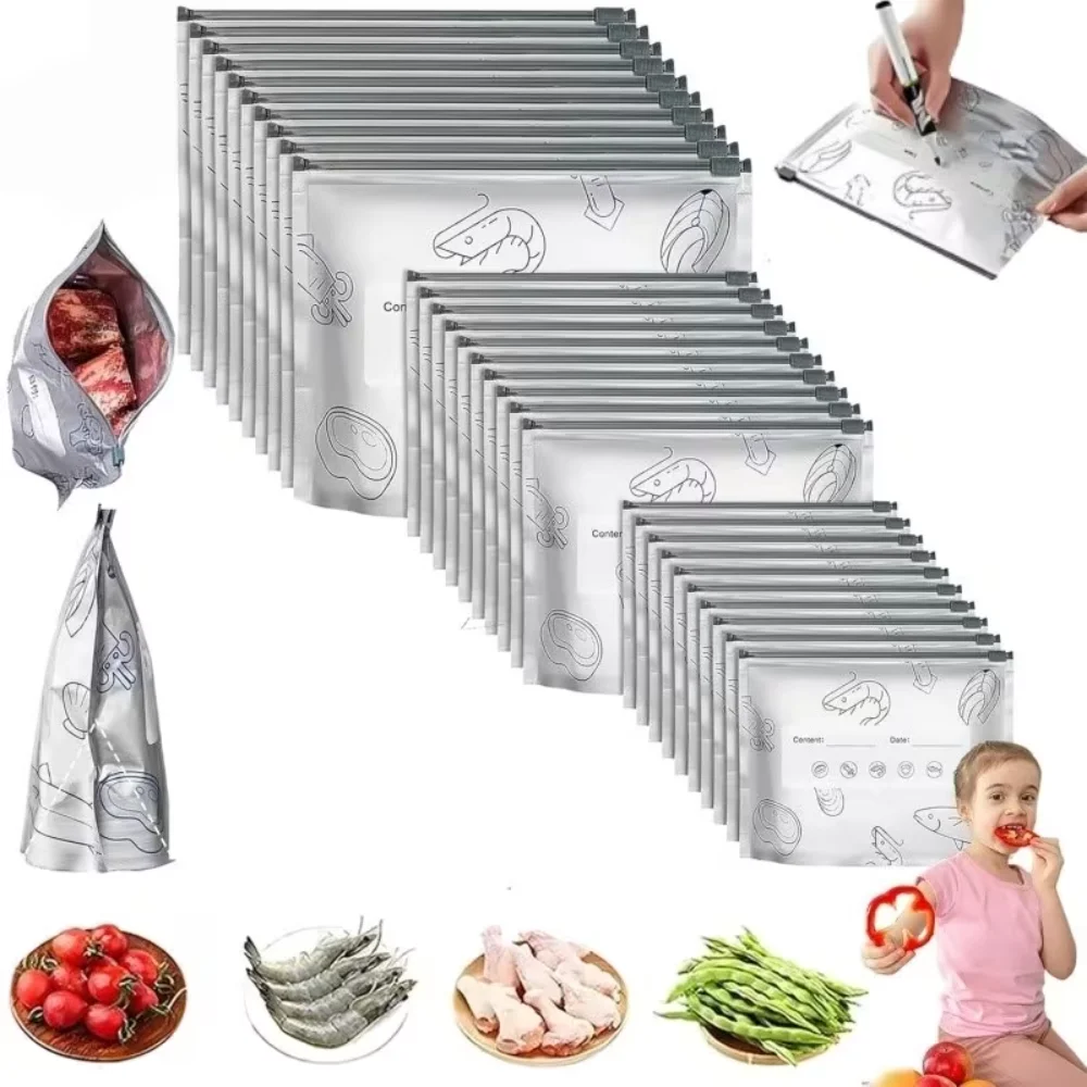 Bolsas de almacenamiento de papel de aluminio reutilizables de gran capacidad, sello con cremallera, a prueba de olores para refrigerador, congelador, despensa, carne y verduras