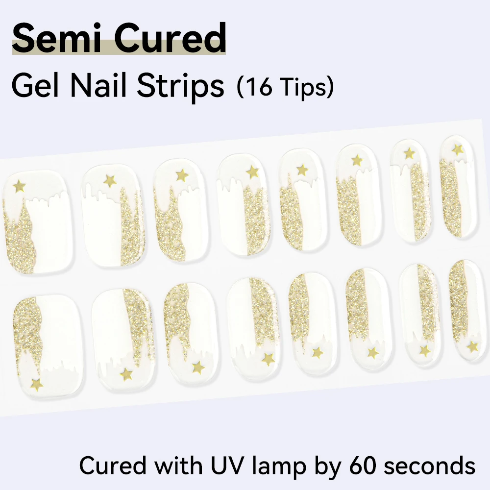 16Tips Semi Cured Sparkling Gel Nail Strips Starry Sky Long Lasting Self-Adhesive Gel Nail Wraps Full Cover UV Nail Art Sticker