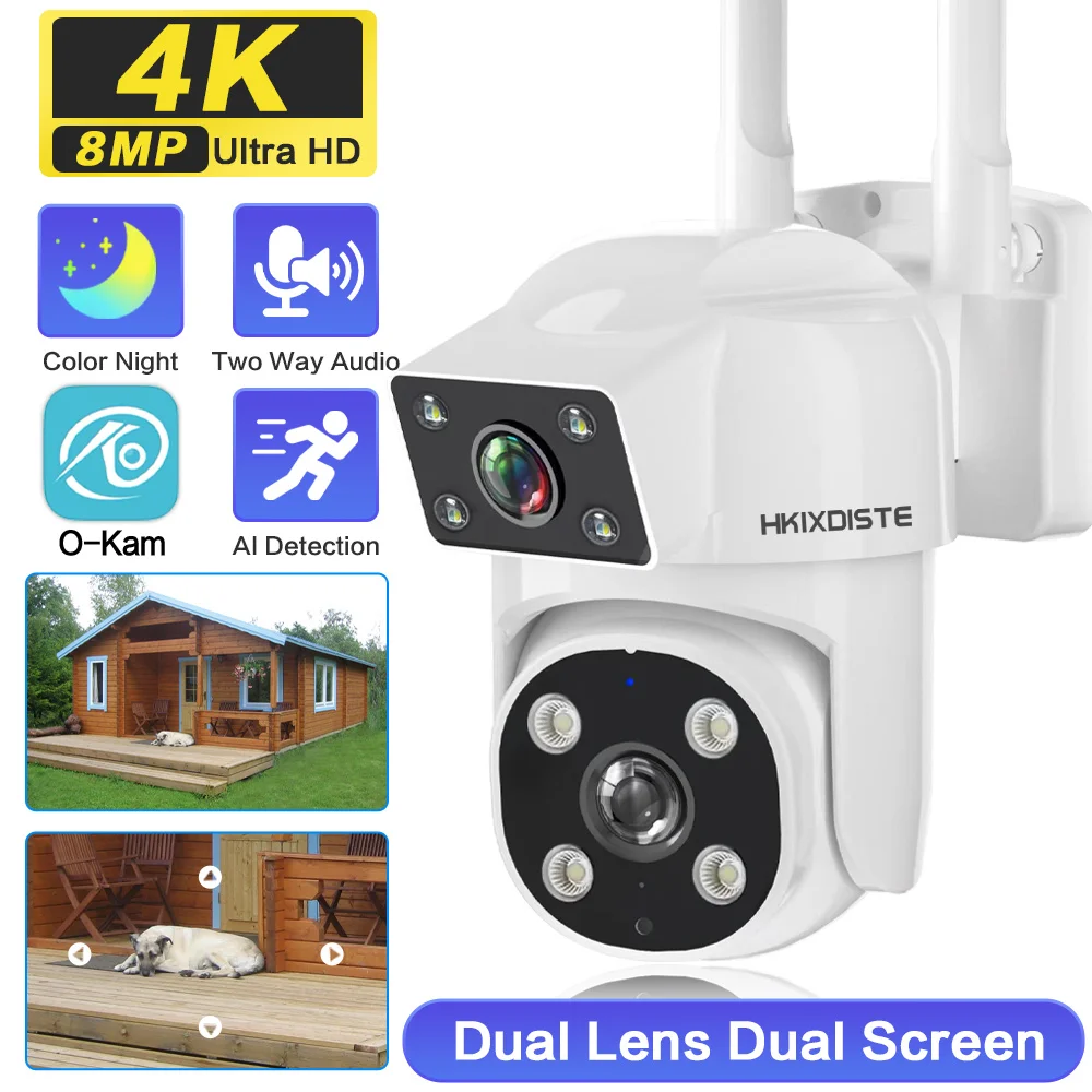 2.4G HD 8MP PTZ Wifi Camera Dual Screens Full Color Night Vision Security Human Detection Audio Tracking Surveillance Cameras