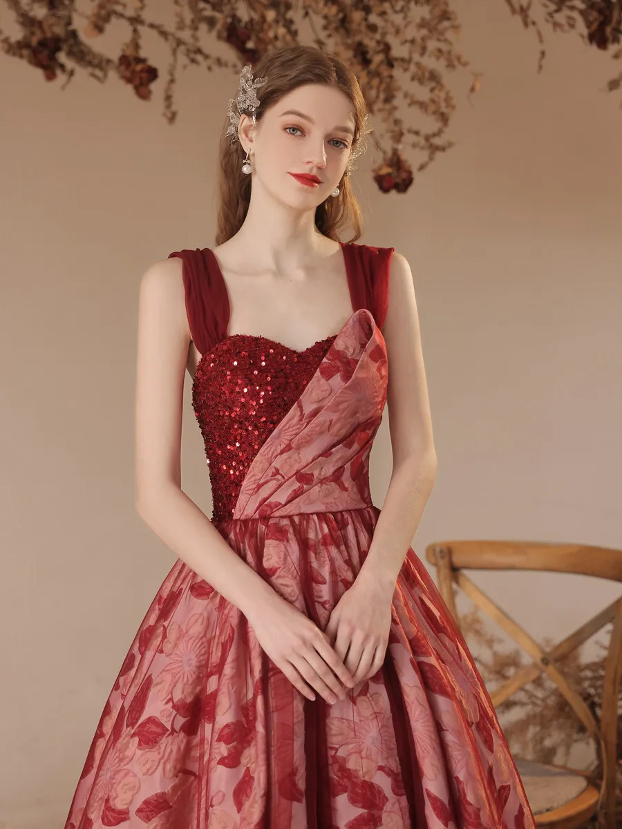 جديد وصول مساء اللباس بورجوندي الحفلة الراقصة قبالة الكتف الدانتيل متابعة فستان الحزب الخلفي