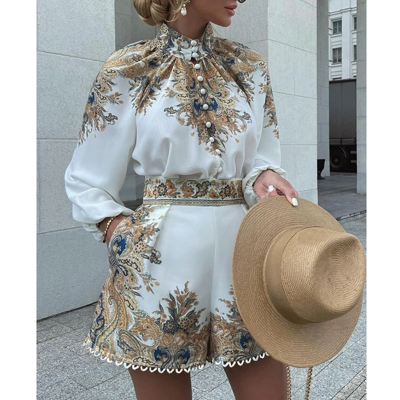 Autumn Slim Fit Printed Suit Women Lantern Sleeve Turtleneck Single-Breasted Shirt Top High Waist Pocket Wide Leg Shorts Suit