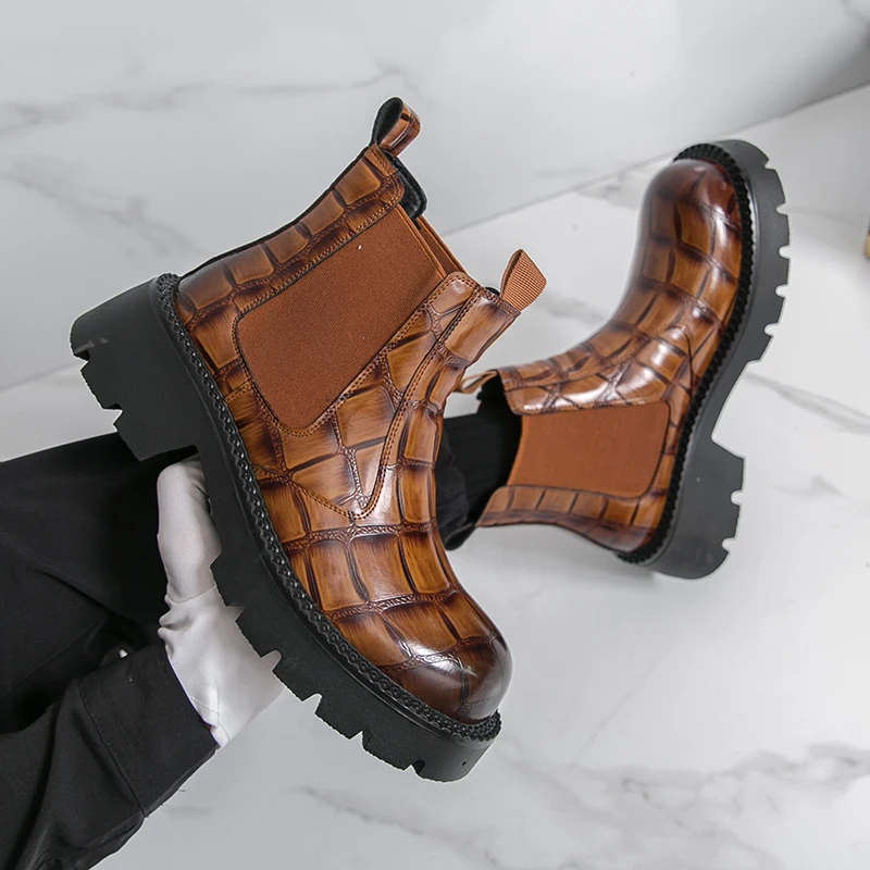 Men Chelsea Boots PU Leather High Top with Elastic Bands on Both Sides Thick Sole Solid Color Fashionable Business Men Boots