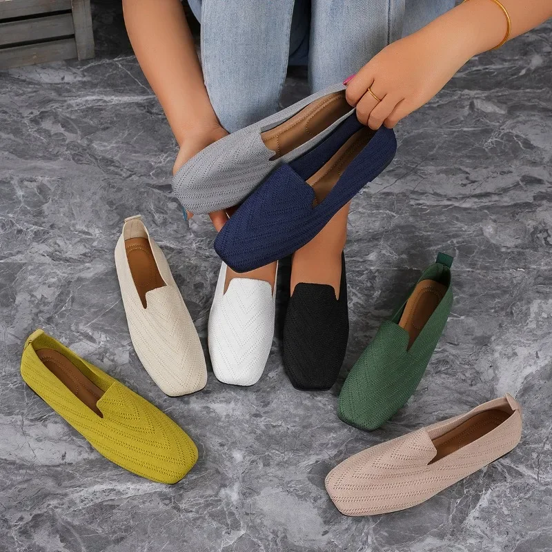 2024 Solid Color Square Toe Mesh Loafers Shallow Women Flats Shoes Soft Bottom Knit Ballet Flats Shoes Casual Slip on Shoes