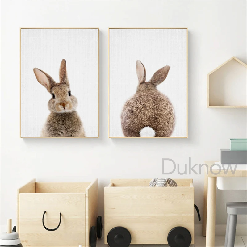 Girls Bedroom Decor Bunny Rabbit Nursery Wall Art Canvas Poster and Print Watercolor Flowers Animal Painting Pink Roses Picture