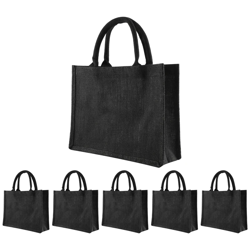 6PCS Black Burlap Tote, Jute Tote Bags With Handles & Laminated Interior, Wedding Bridesmaid Gift Bags, Blank Bags