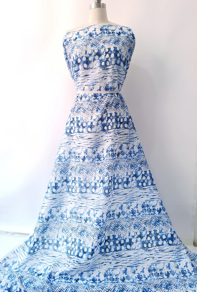 Naturseiden-Baumwollstoff, 53 Zoll breit, Meterware, blaues weißes Muster, Hemdkleid, Stoff, Maulbeere – Detail 11